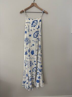 Spaghetti Strap Maxi Dress in White with Blue Print